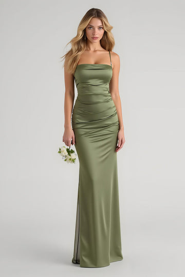 Olive satin froncé spaghetti bretelles longue gaine robe de demoiselle d’honneur